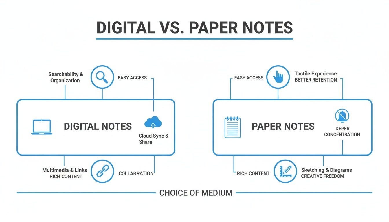 Infographic comparing benefits of digital notes vs. paper notes for effective note-taking strategies.