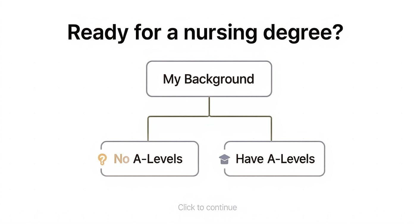 Flowchart showing nursing degree application paths based on whether applicant has A-Level qualifications or not