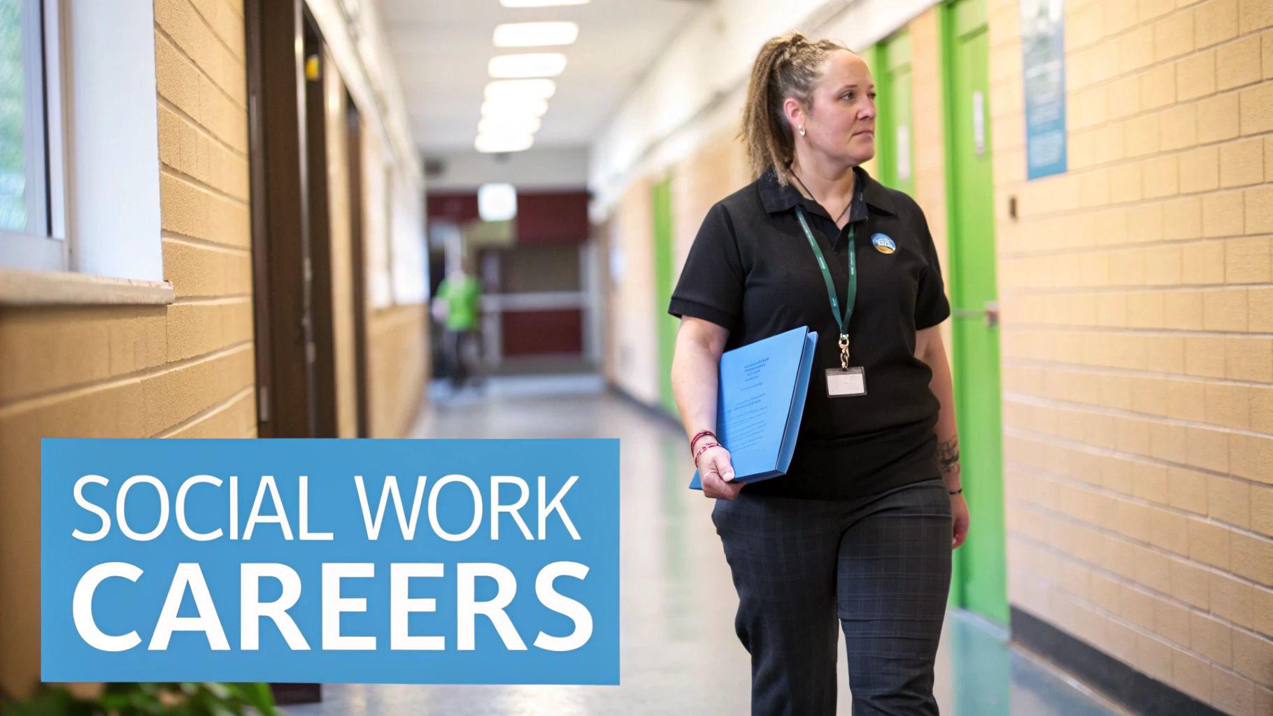 A woman, likely a social worker, walks confidently down a bright school hallway holding a blue folder, with text overlay 'SOCIAL WORK CAREERS'.