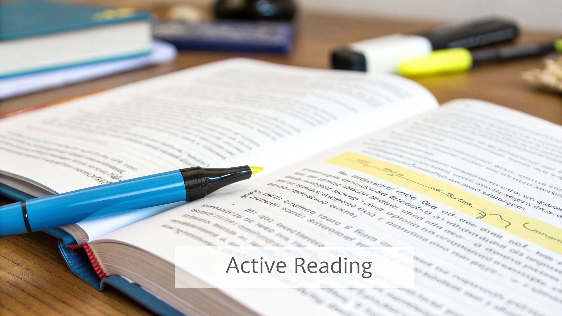 Close-up of an open textbook with yellow highlighted text and a blue marker, suggesting active reading.