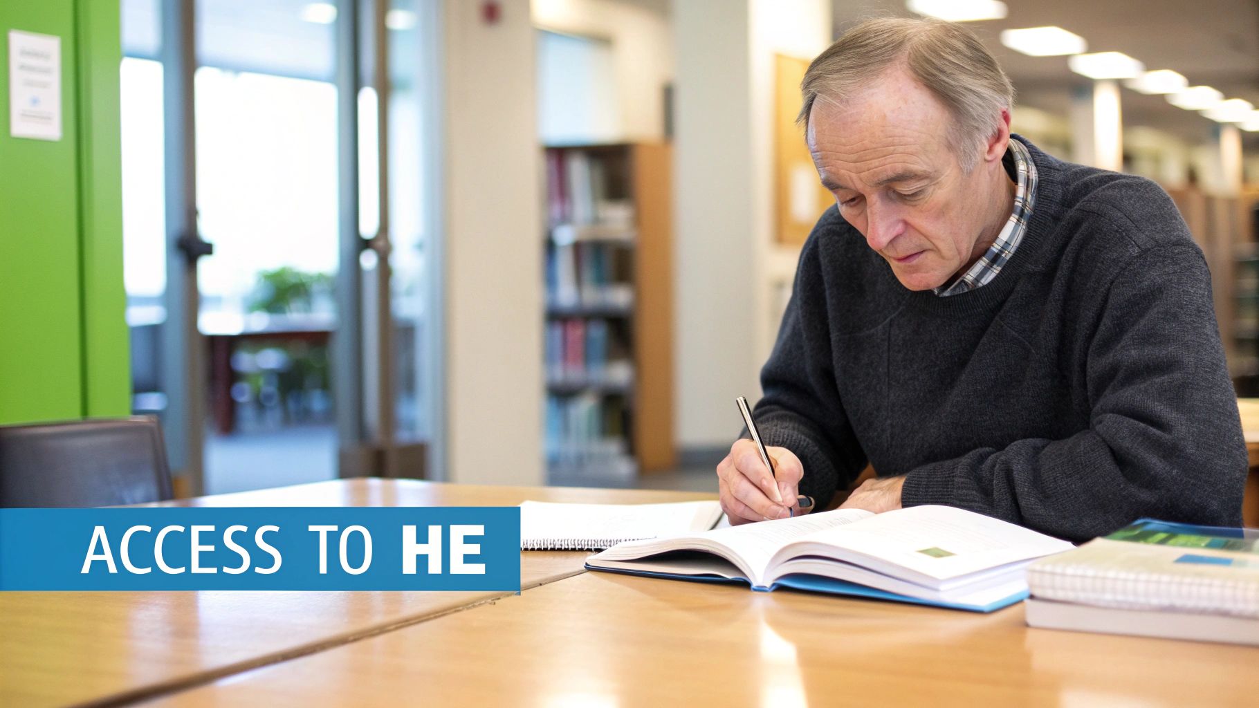 Older man studying in a library, writing in a book, with 'ACCESS TO HE' banner.