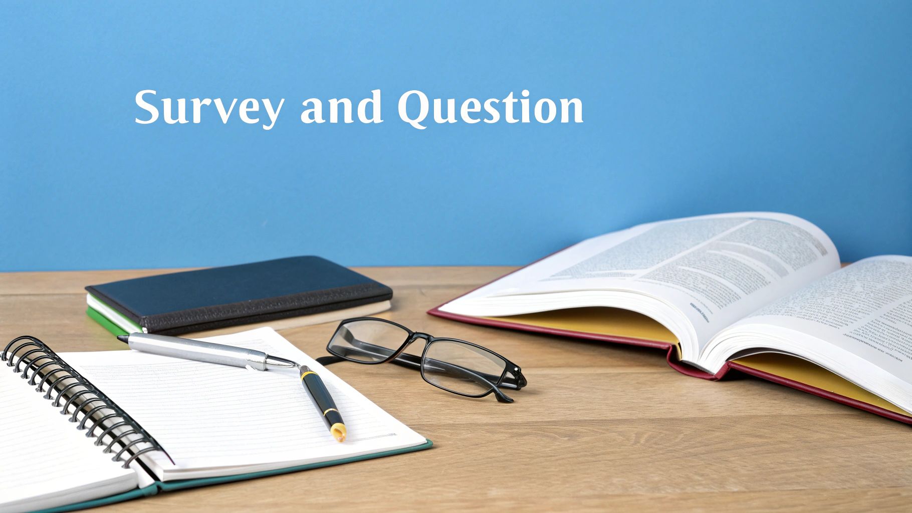 Desk with notebooks, pens, glasses, and an open book, with 'Survey and Question' text.