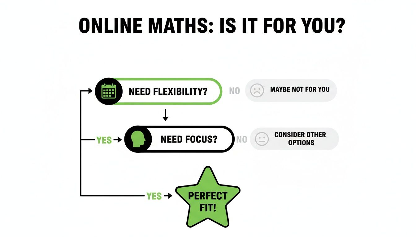 A flowchart titled 'Online Maths: Is It For You?' helping decide suitability based on flexibility and focus.