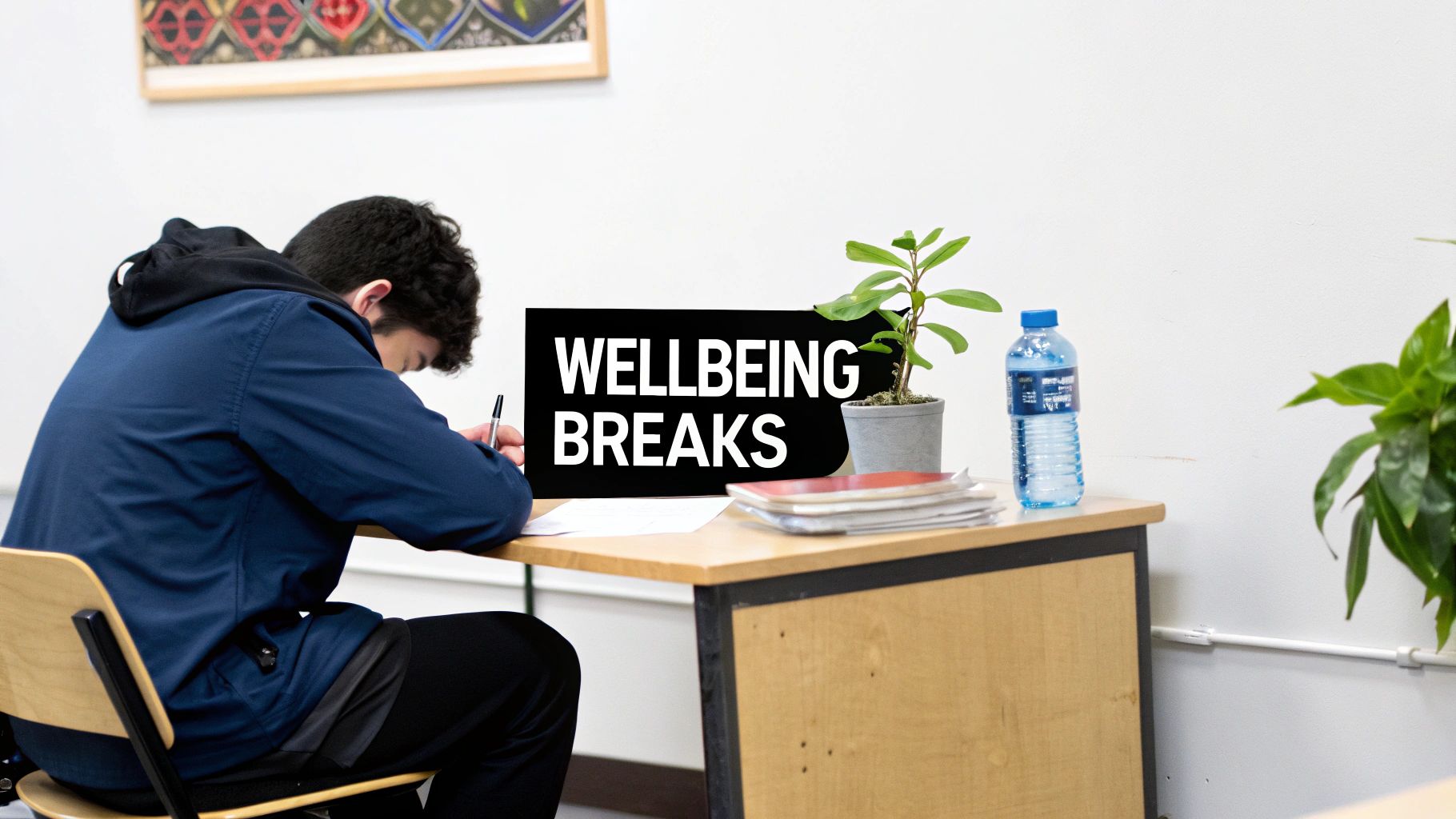 A student looking thoughtfully at their revision notes.