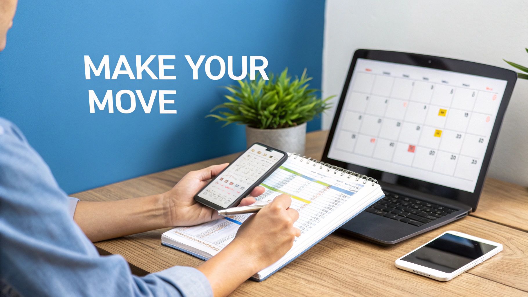 Close-up of a person organizing tasks with a smartphone, notebook, and laptop on a wooden desk.