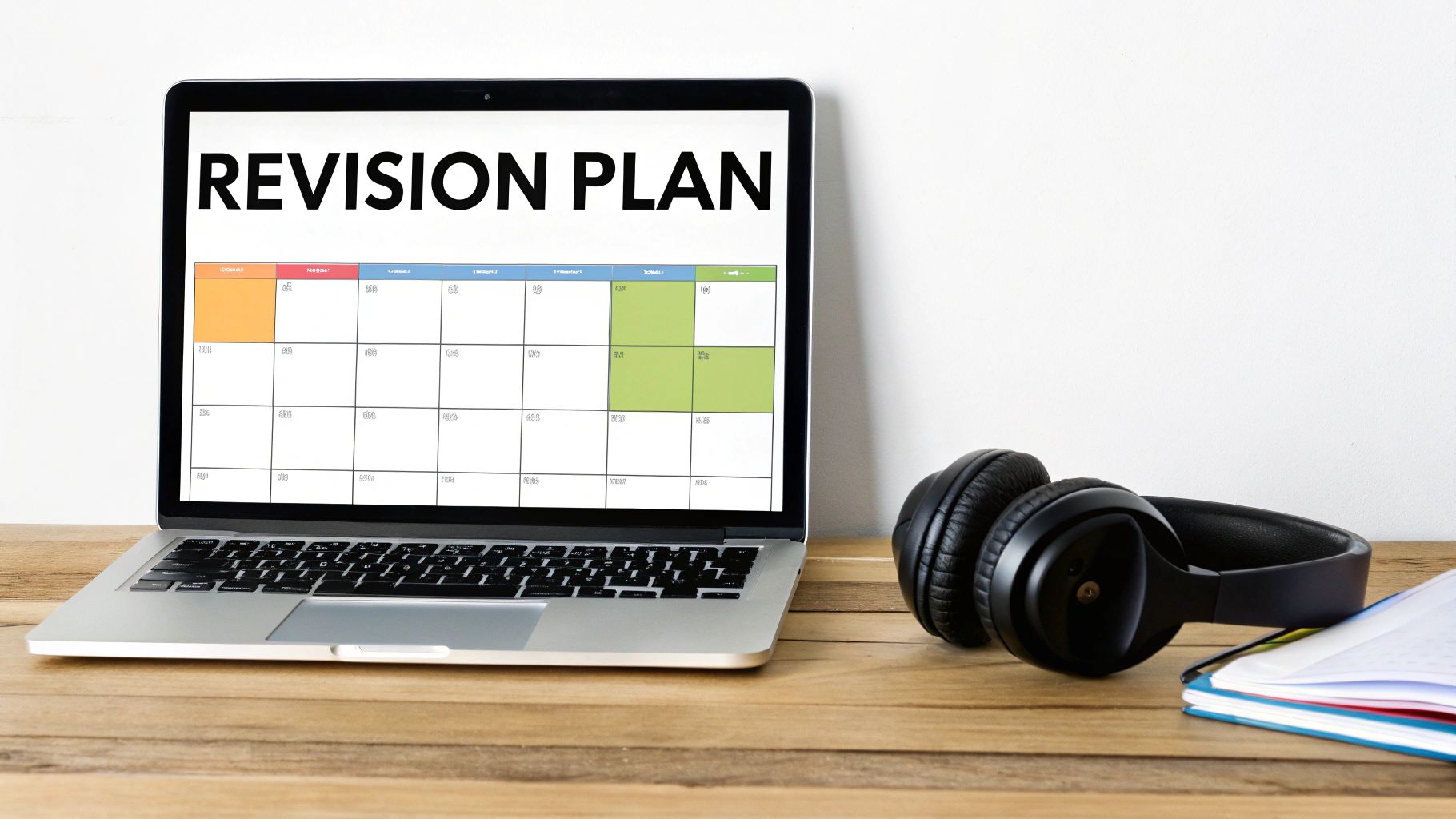 Laptop displaying a "Revision Plan" calendar, with headphones and colorful notebooks on a wooden table.
