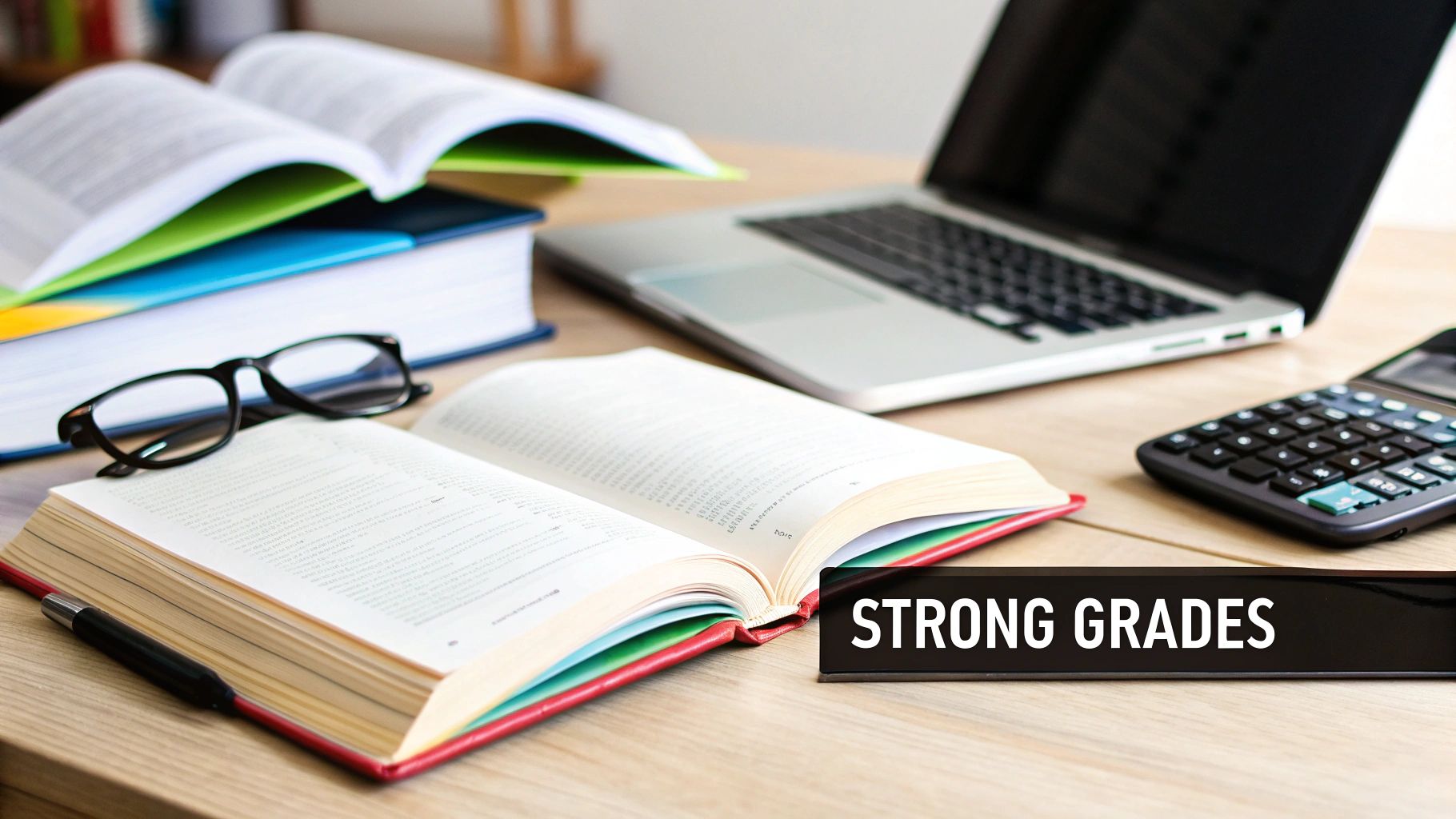 A study desk with open books, a laptop, glasses, and a calculator, emphasizing strong grades.