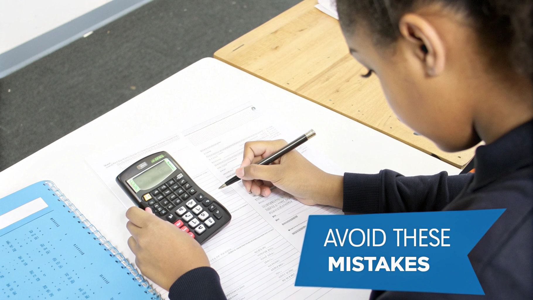 Student using calculator and pen to work on mathematics homework assignments avoiding common mistakes