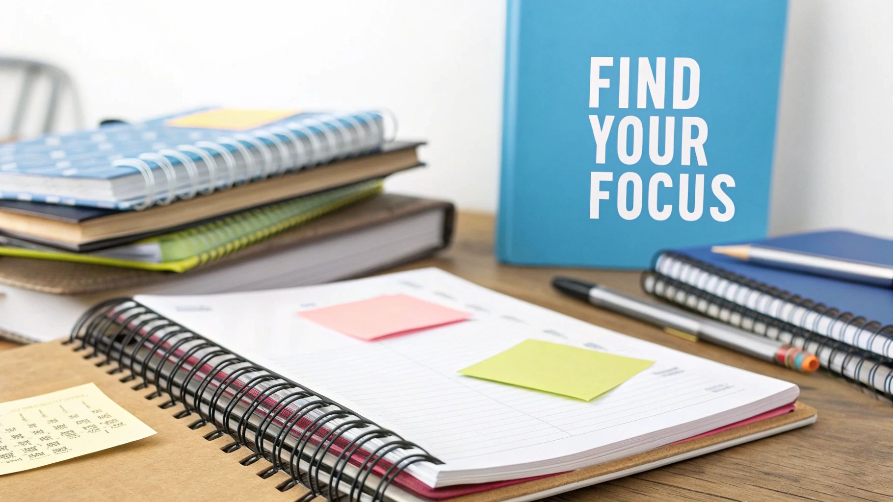 A desk with various notebooks, pens, sticky notes, and a blue book displaying 'FIND YOUR FOCUS'.
