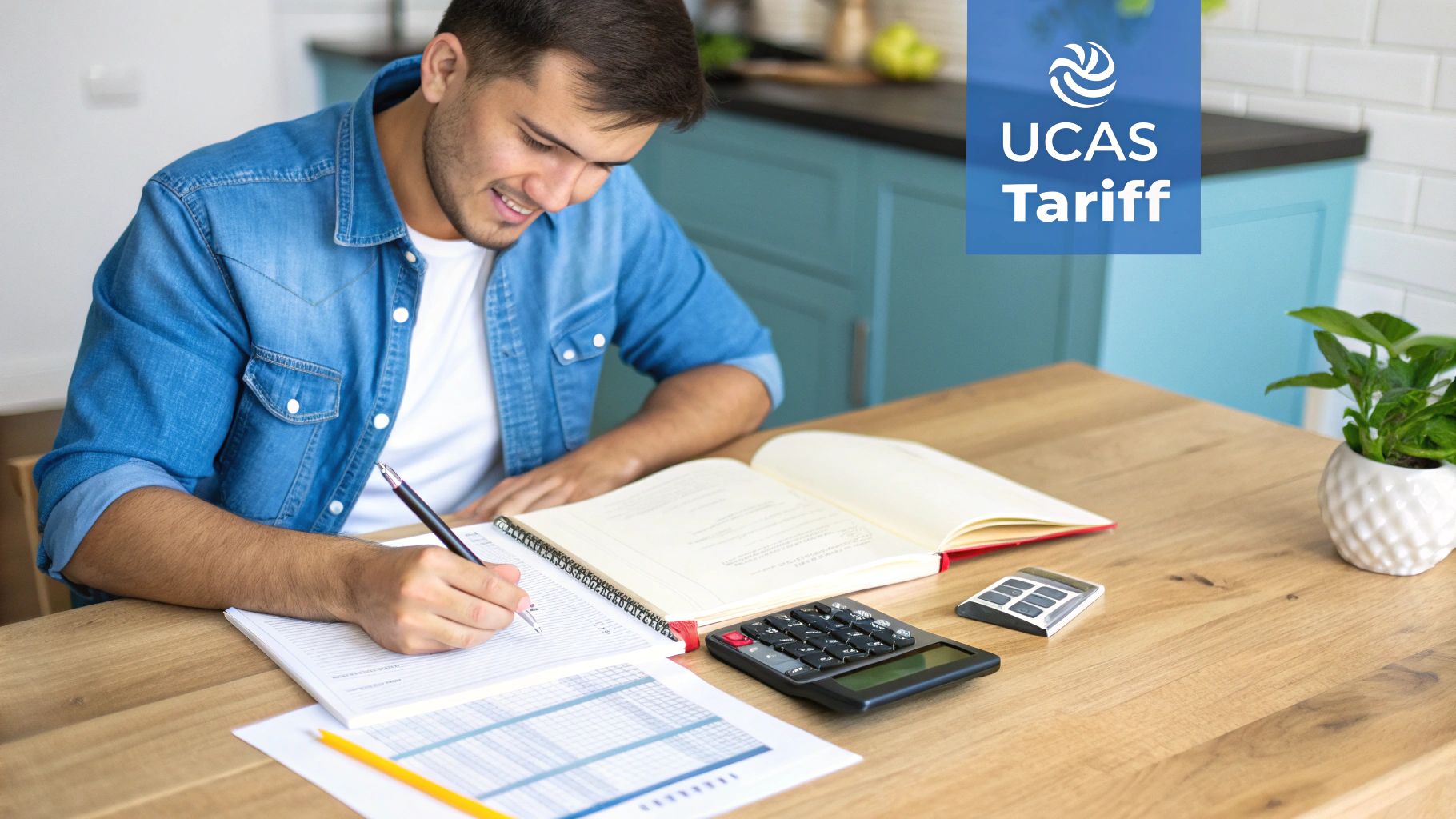 Young man calculating UCAS Tariff points at a desk with books and a calculator.