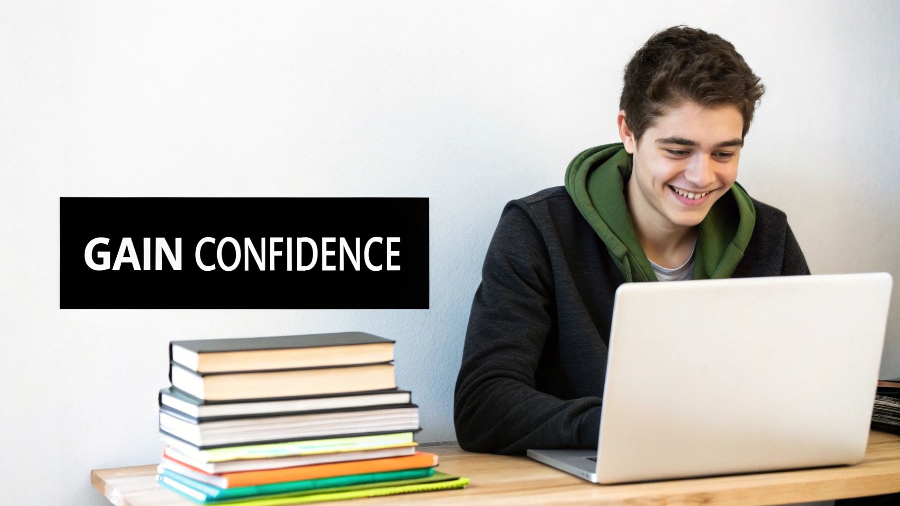 A smiling young man studies on a laptop, with books and 'GAIN CONFIDENCE' text on the wall.