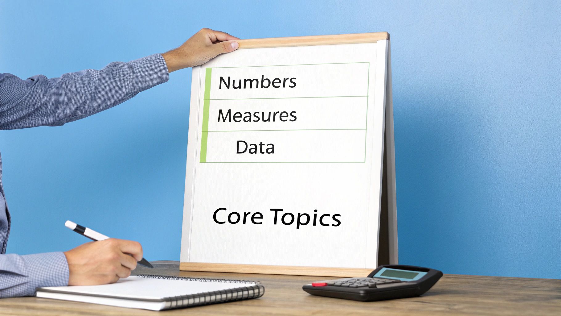A person using a calculator and writing notes, illustrating the practical application of maths skills.