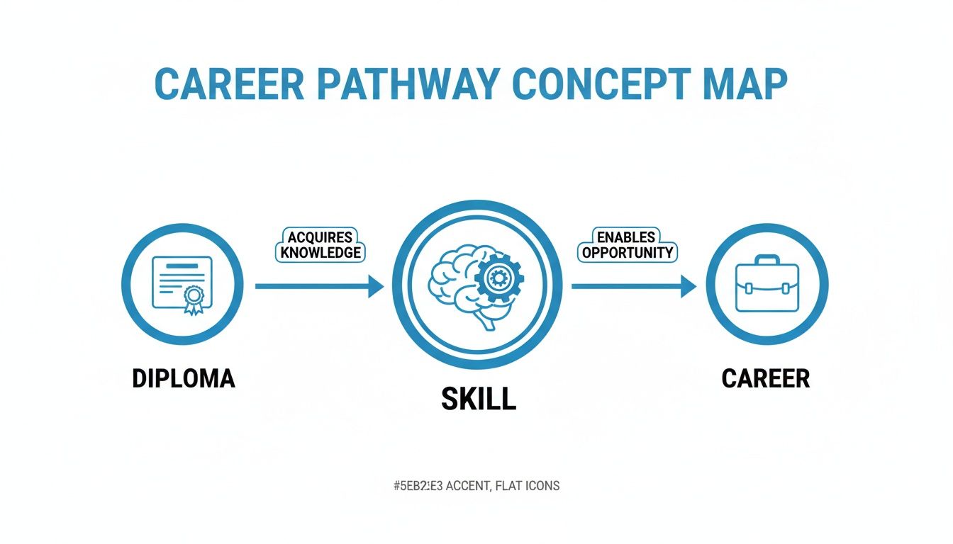 A career pathway concept map showing a diploma leading to skill acquisition and then to a career.