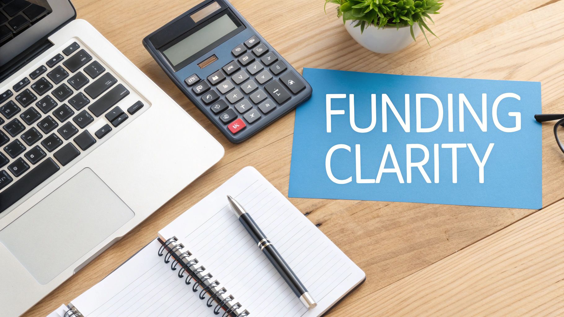 Funding clarity card on desk with laptop, calculator, notebook and pen for financial planning