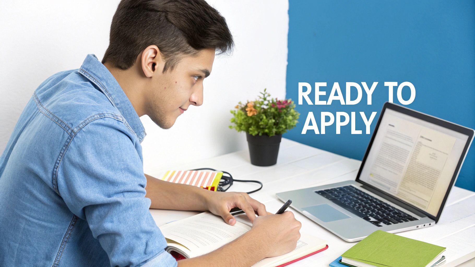 Young man studying at a desk, writing in a notebook with a laptop, text says 'READY TO APPLY'.