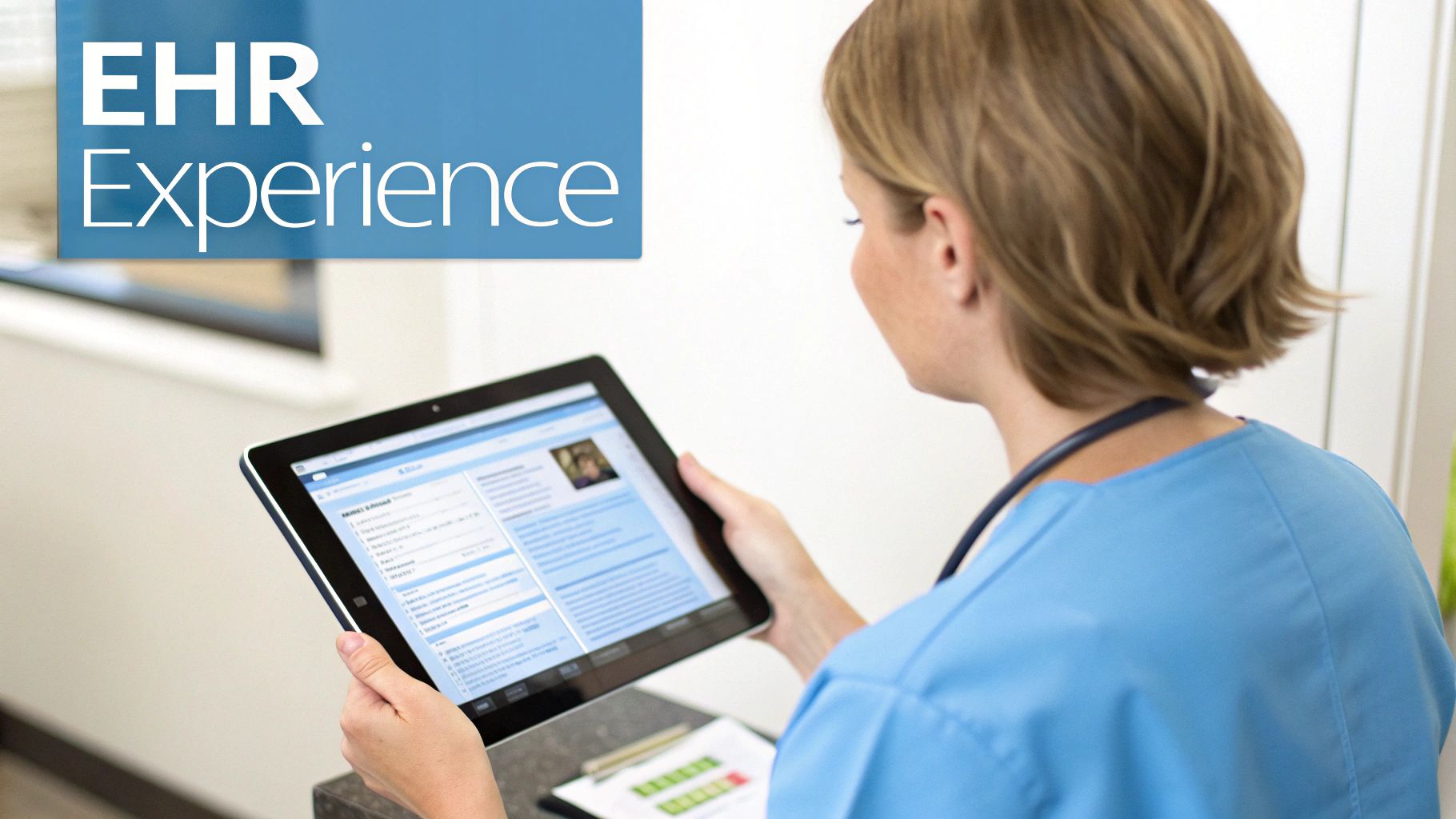 A healthcare professional in blue scrubs views patient data on a tablet, showcasing an EHR system.