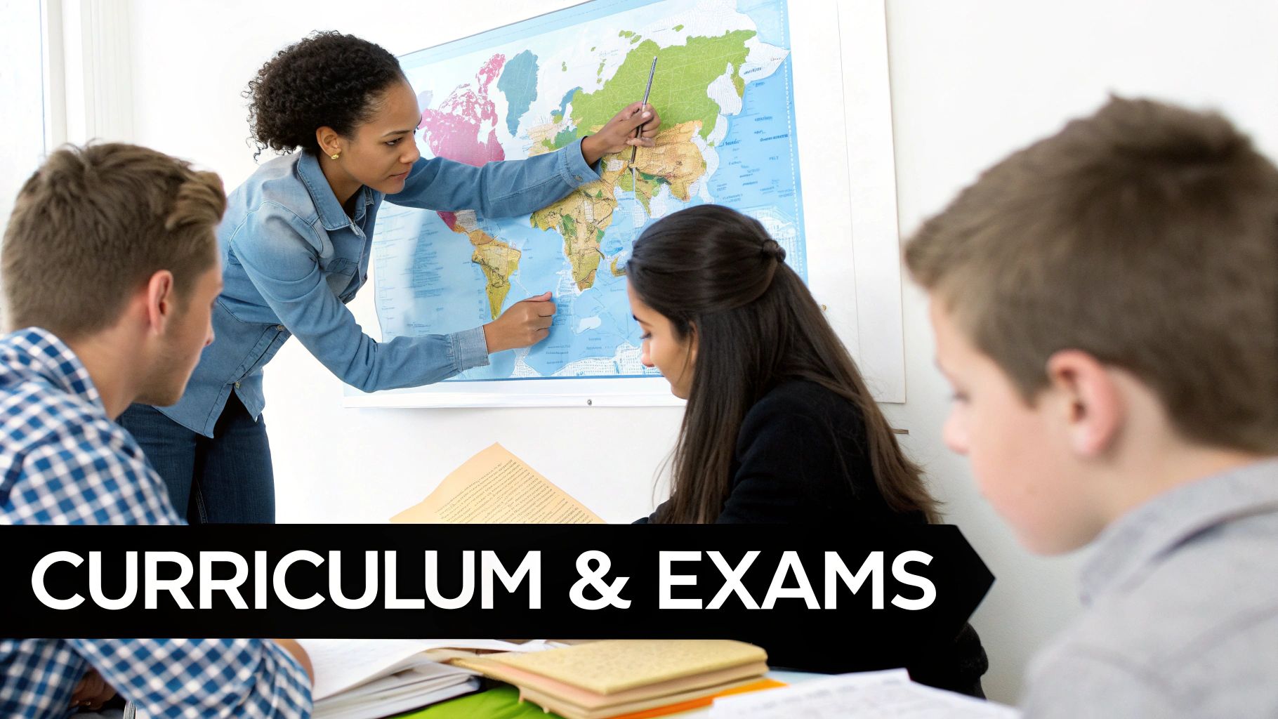 A teacher points to a world map while students listen and study in a classroom setting.