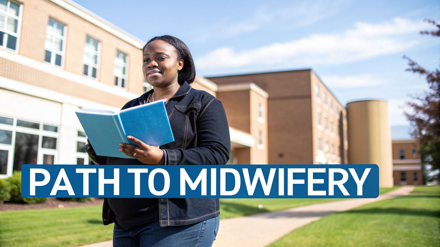 A smiling Black woman holding a blue book on a college campus, text 'PATH TO MIDWIFERY'.