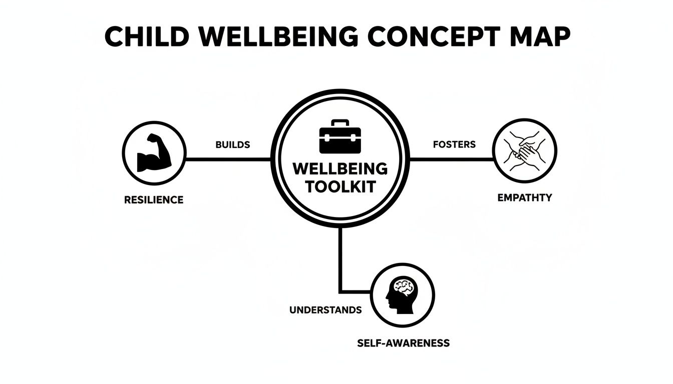A child wellbeing concept map illustrating how a wellbeing toolkit builds resilience, fosters empathy, and understands self-awareness.