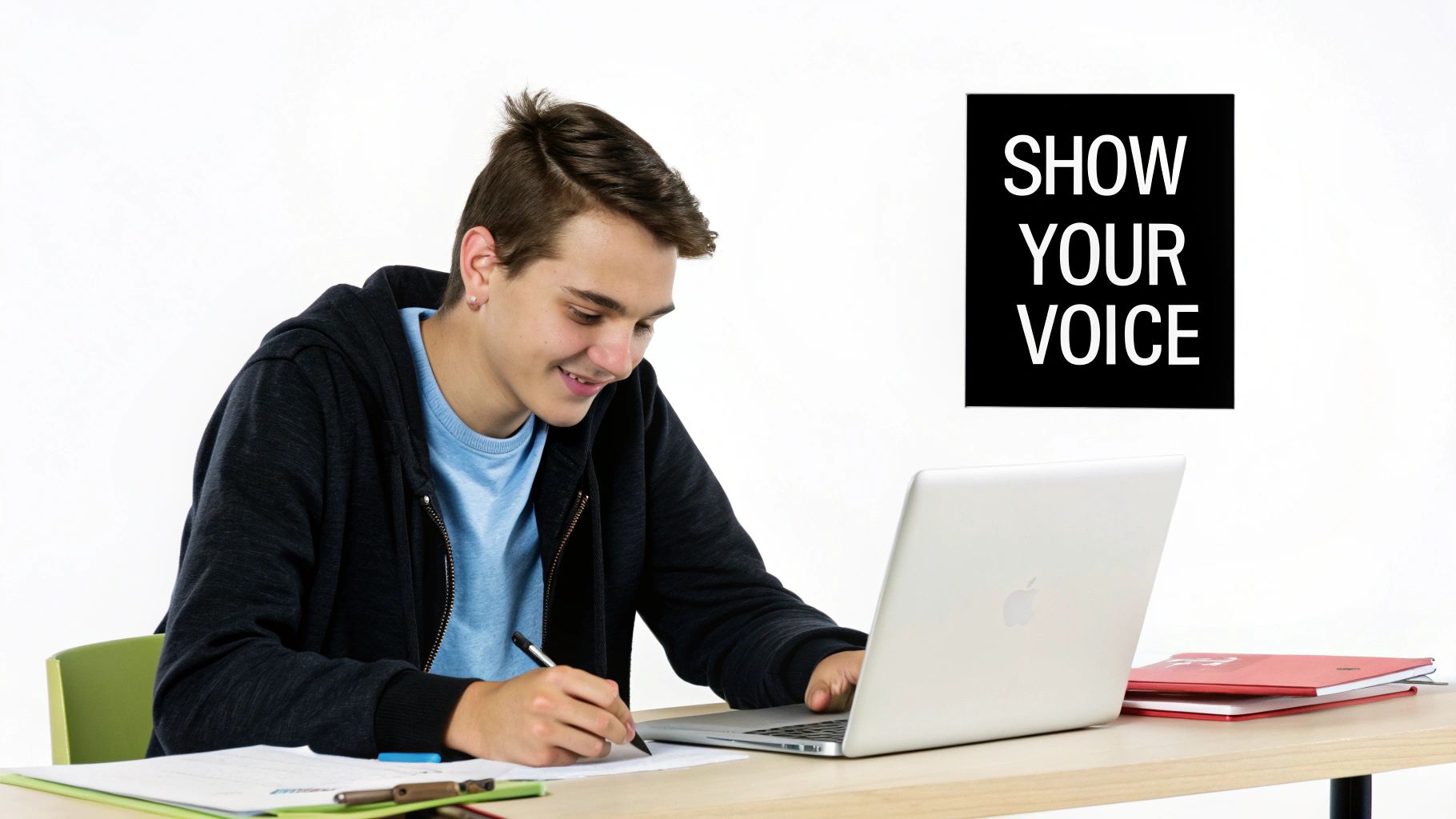 Student writing notes while using laptop computer for personal statement preparation and research