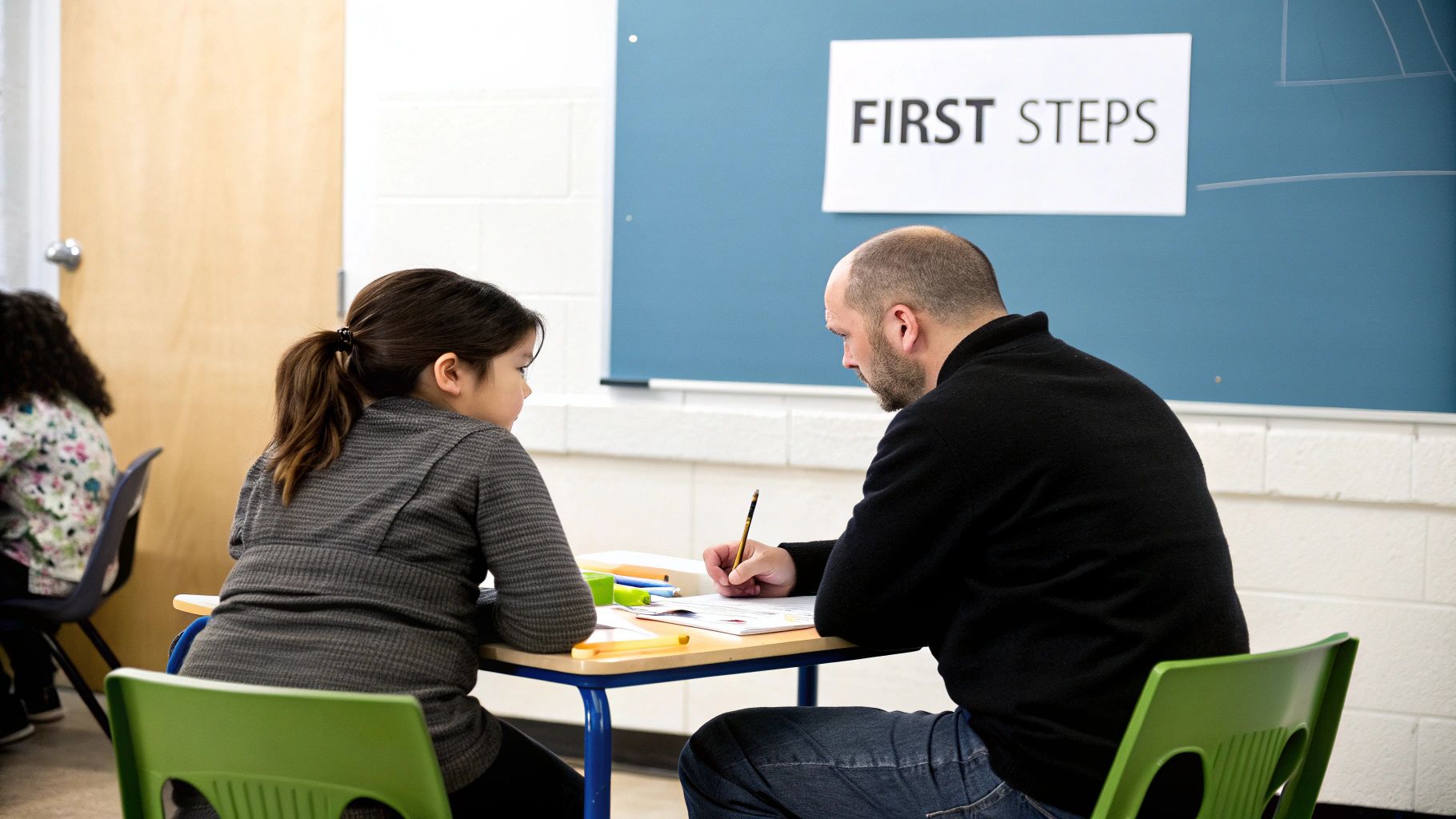 A young child with autism engaging with colourful educational toys on the floor, focused and content.