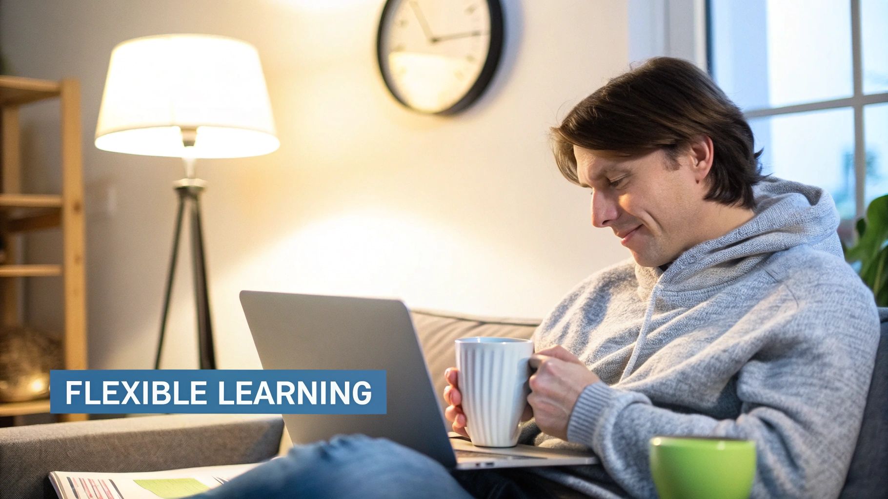 A person smiling as they work on their laptop in a comfortable home setting, showing the flexibility of online study.