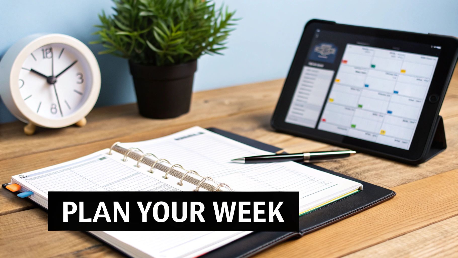A well-organised weekly study planner with colourful notes and a cup of tea nearby, on a wooden desk.