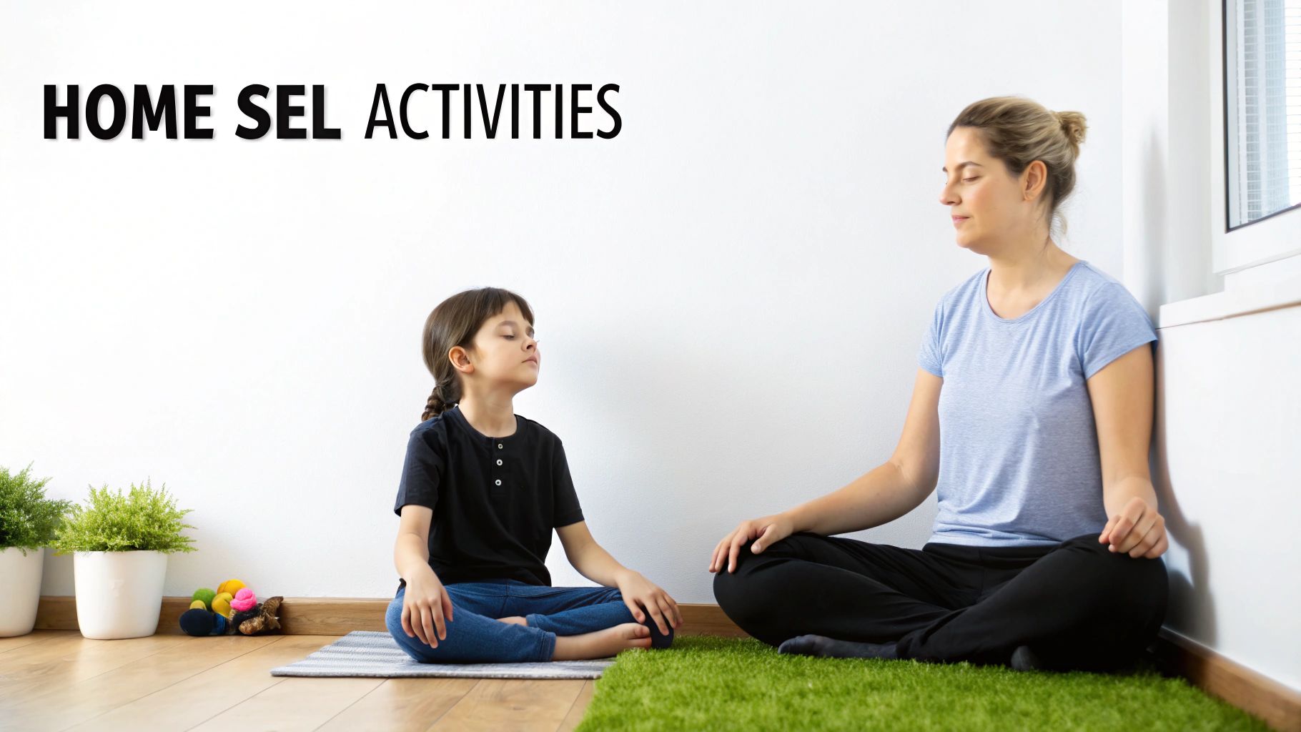 A woman and child sit cross-legged with eyes closed, meditating together in a home setting.