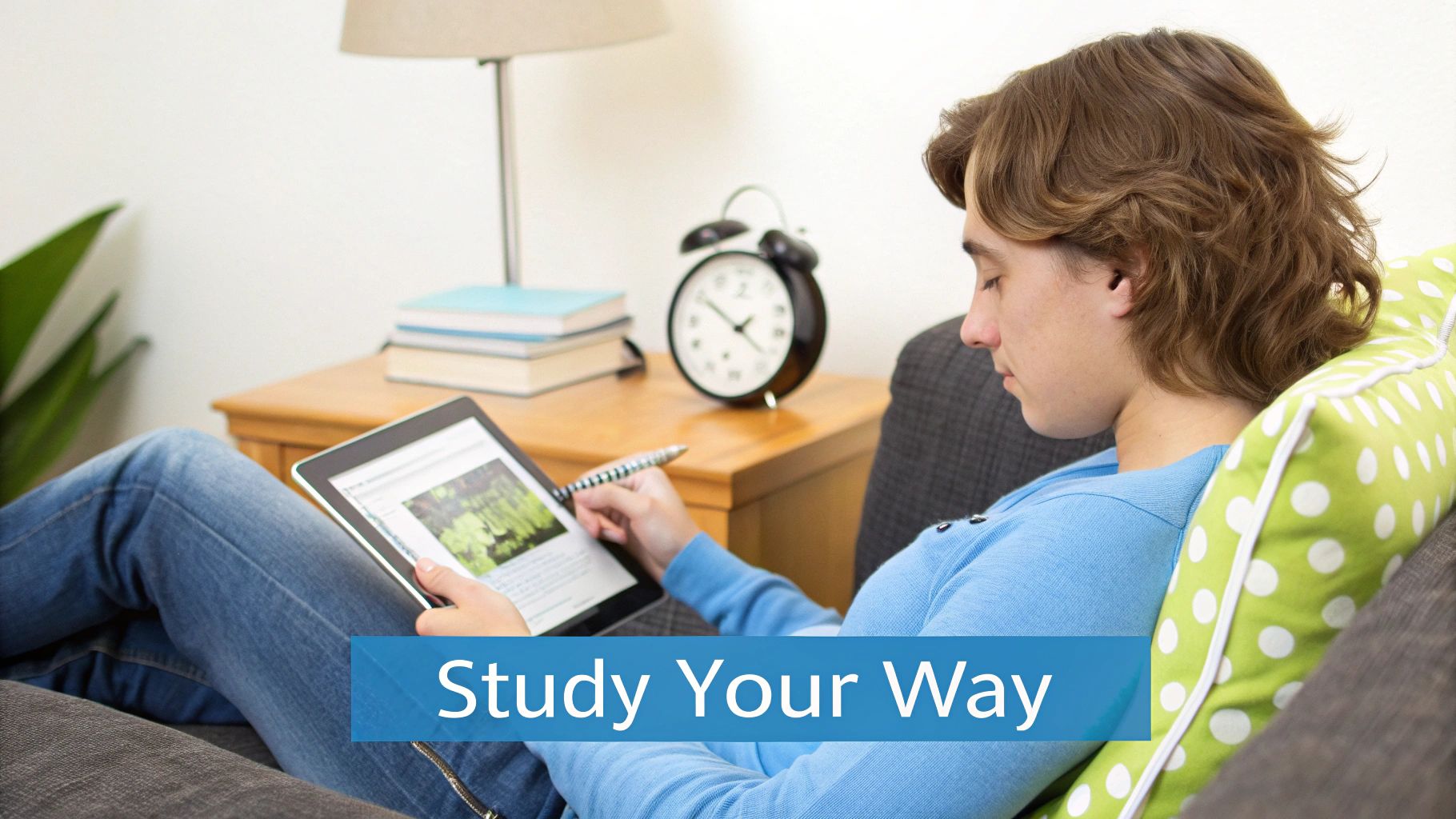 Young person studying on a couch with a tablet, symbolizing flexible online learning.