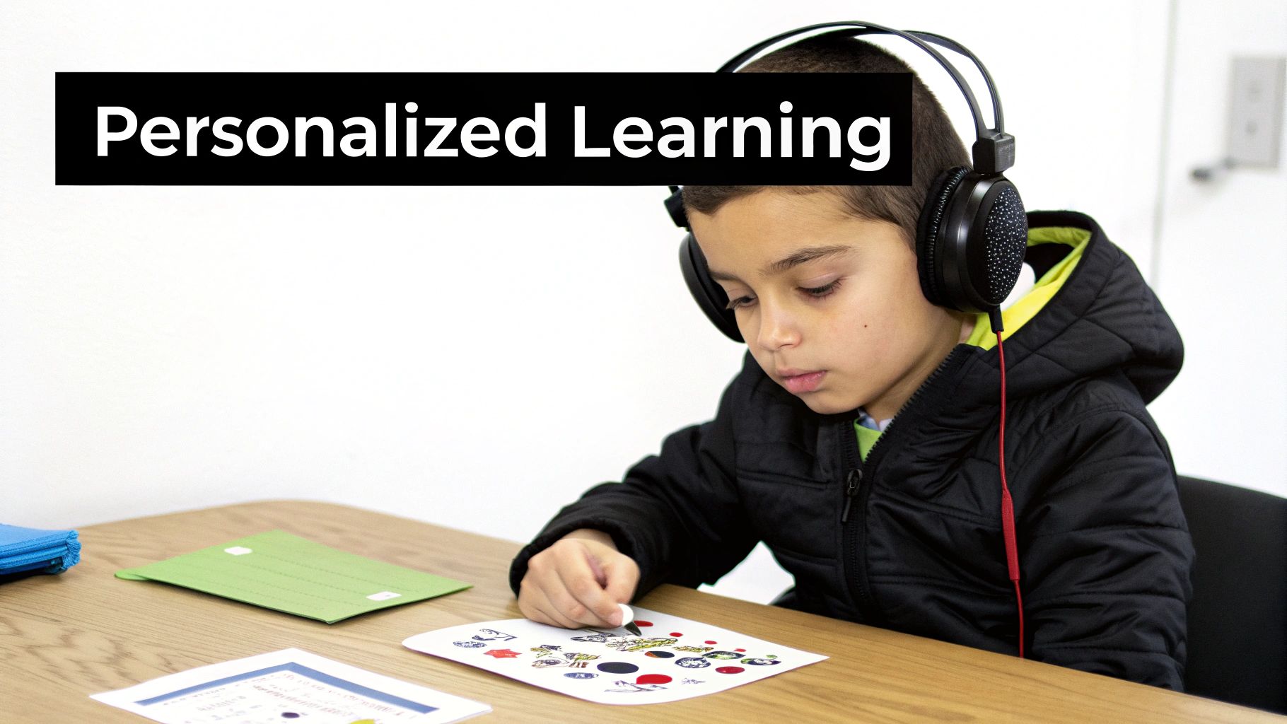 Young student wearing headphones engaged in personalized learning activities at desk with worksheets