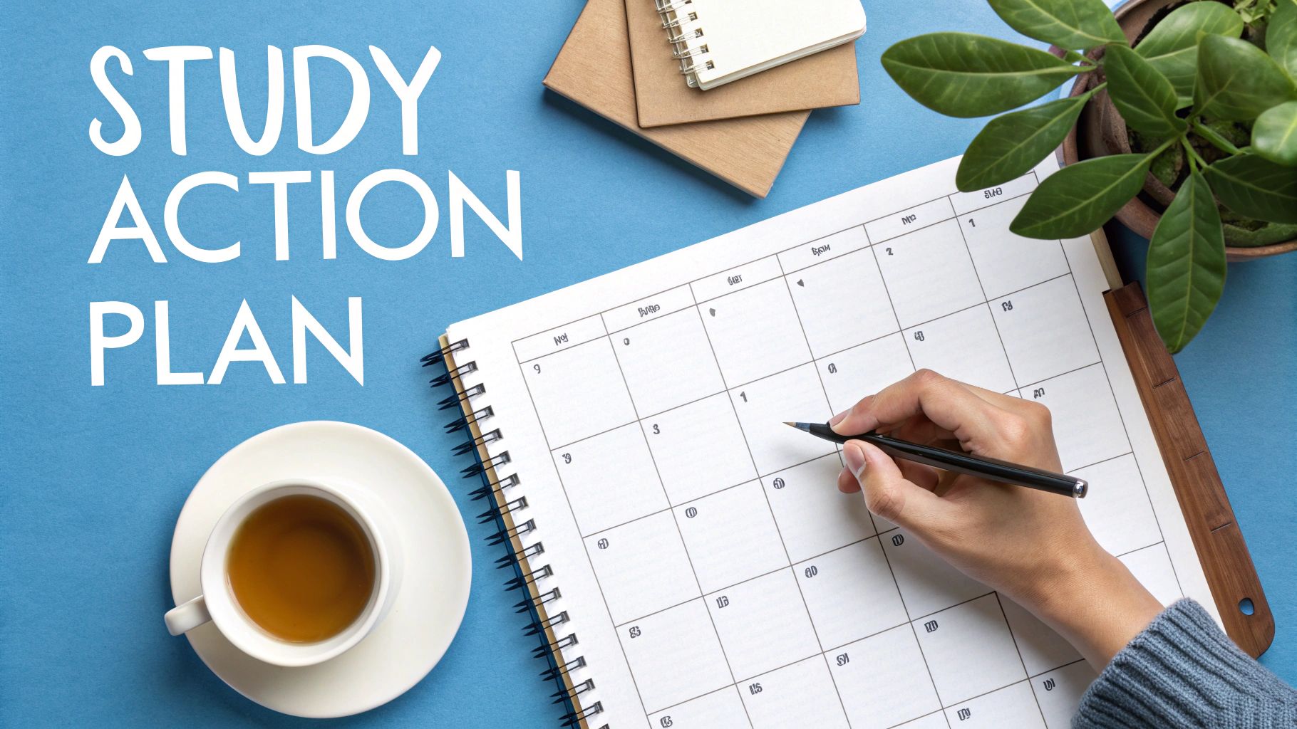 Hand writing on a 'Study Action Plan' calendar with a pen, tea, notebooks, and plant on blue.