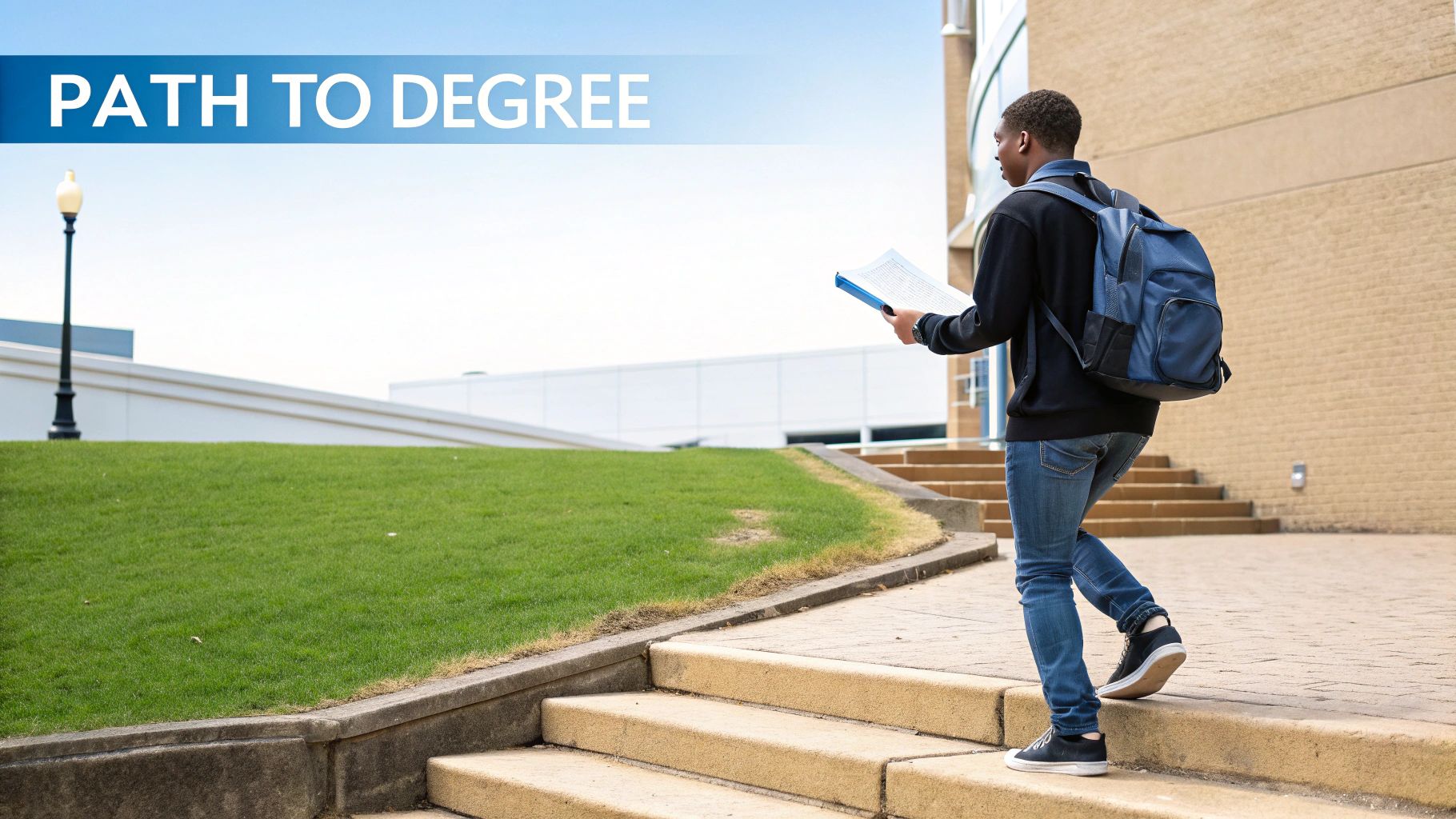 A male student with a backpack and papers walks up stairs on a college campus under the text 'PATH TO DEGREE'.