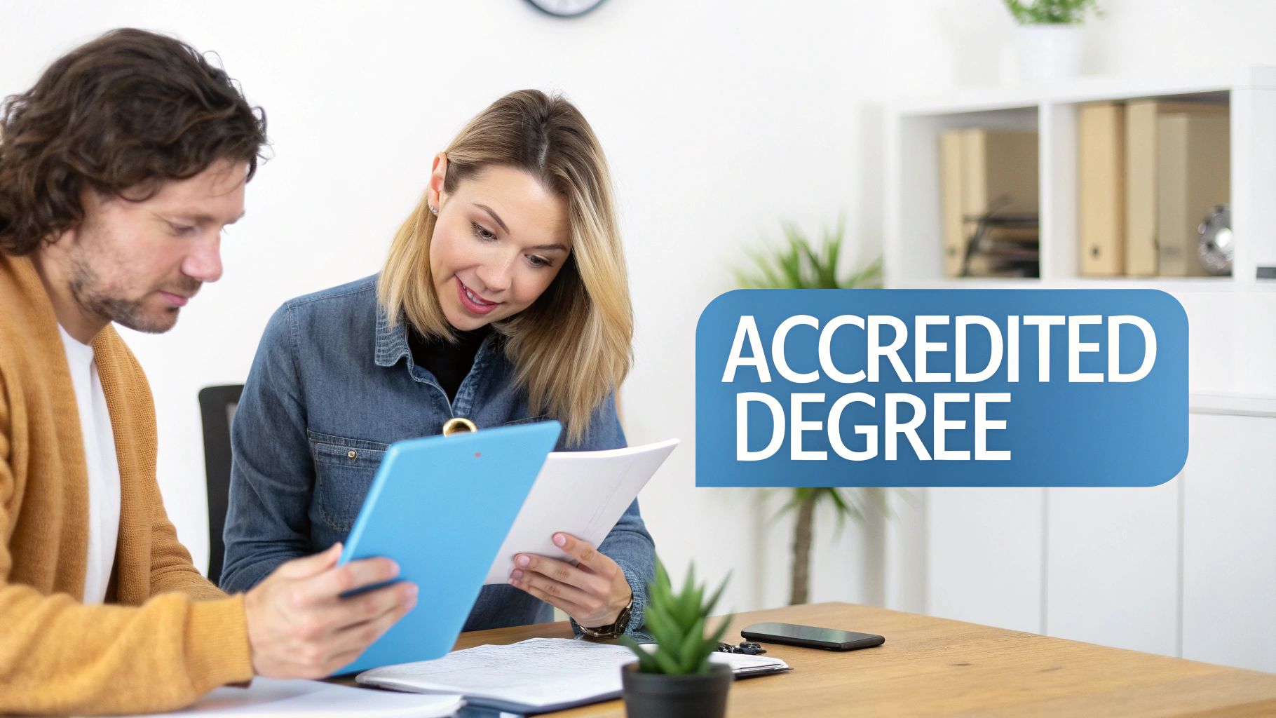 Two individuals, a man and a woman, reviewing documents at a desk with an 'ACCREDITED DEGREE' text overlay.