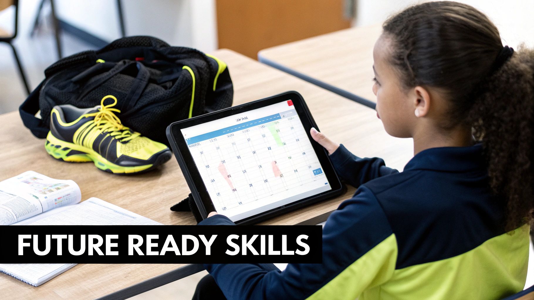 A student views a calendar on a tablet, with a backpack and athletic shoes nearby, symbolizing future readiness.