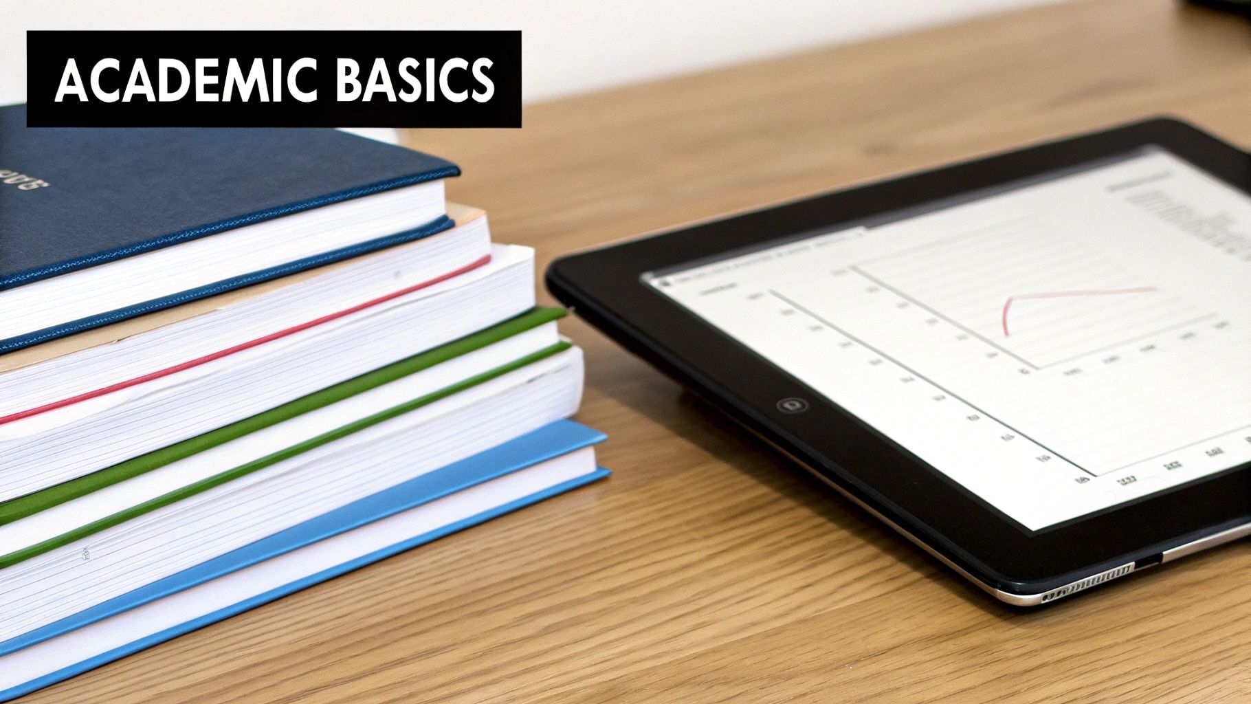 A stack of colorful academic books next to a tablet displaying a graph on a wooden desk.