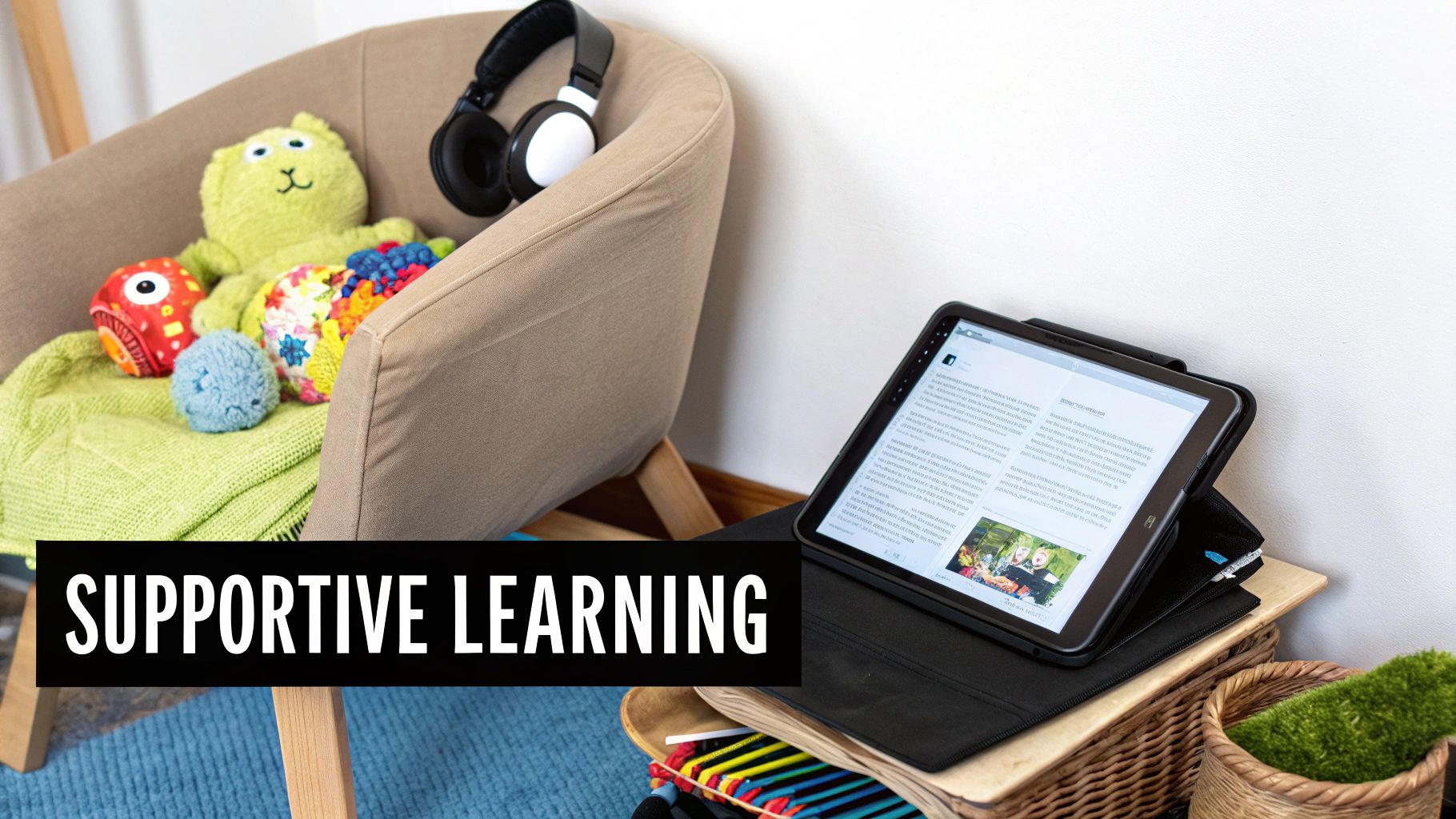 Cozy learning space with a teddy bear, sensory toys, headphones, and a tablet showing an educational article.