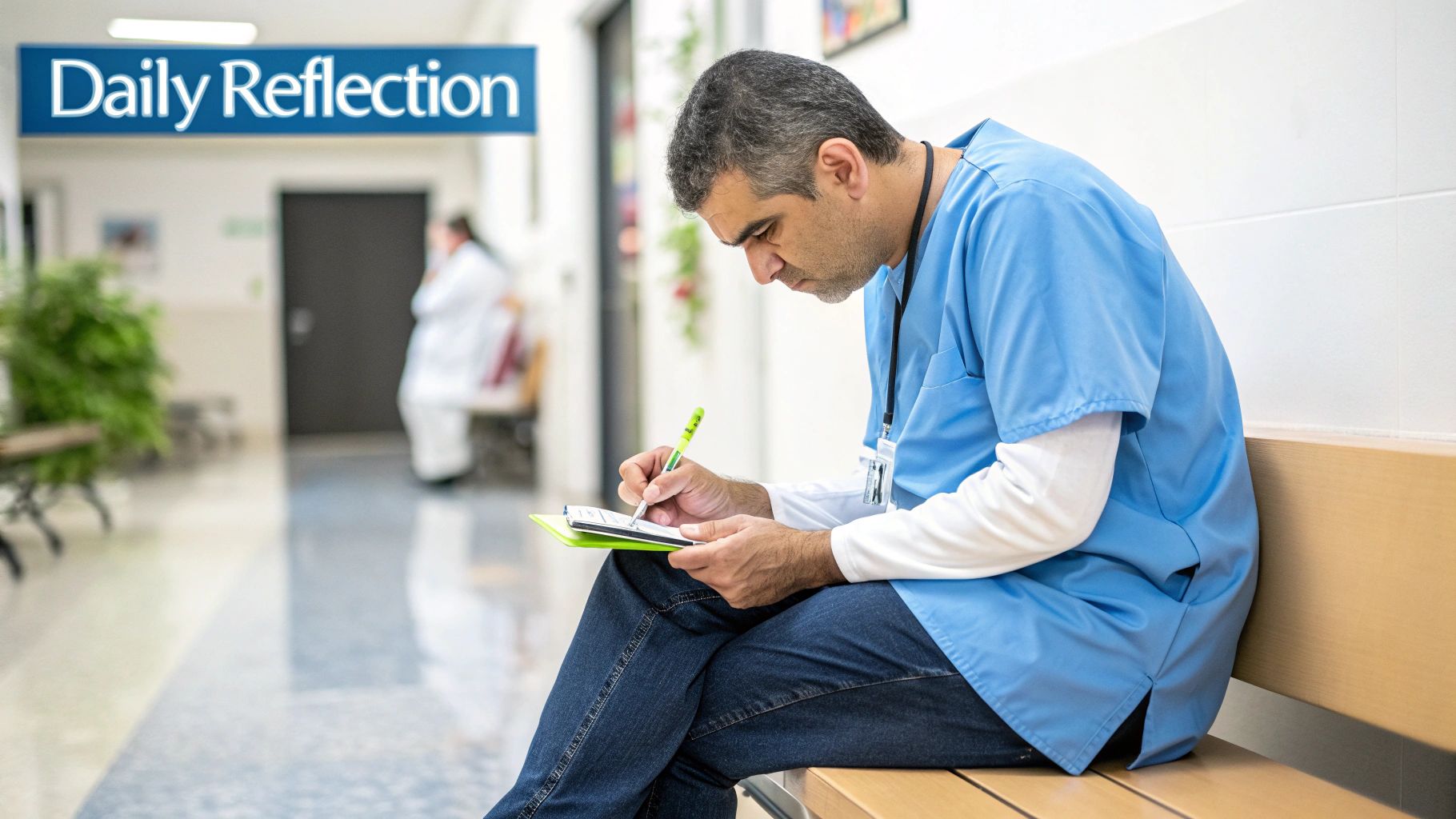 A male healthcare worker in blue scrubs sits writing on a clipboard in a hospital hallway.