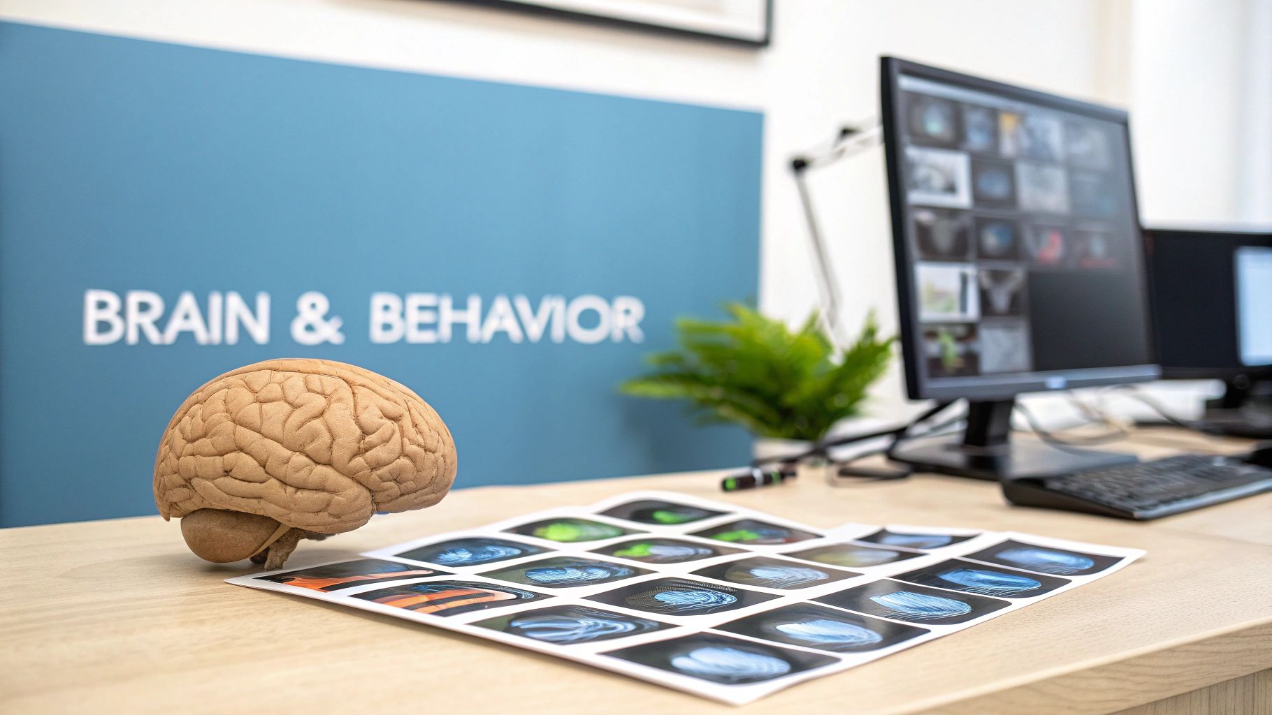 Desk setup with a human brain model, brain scan images, and a 'Brain & Behavior' sign.