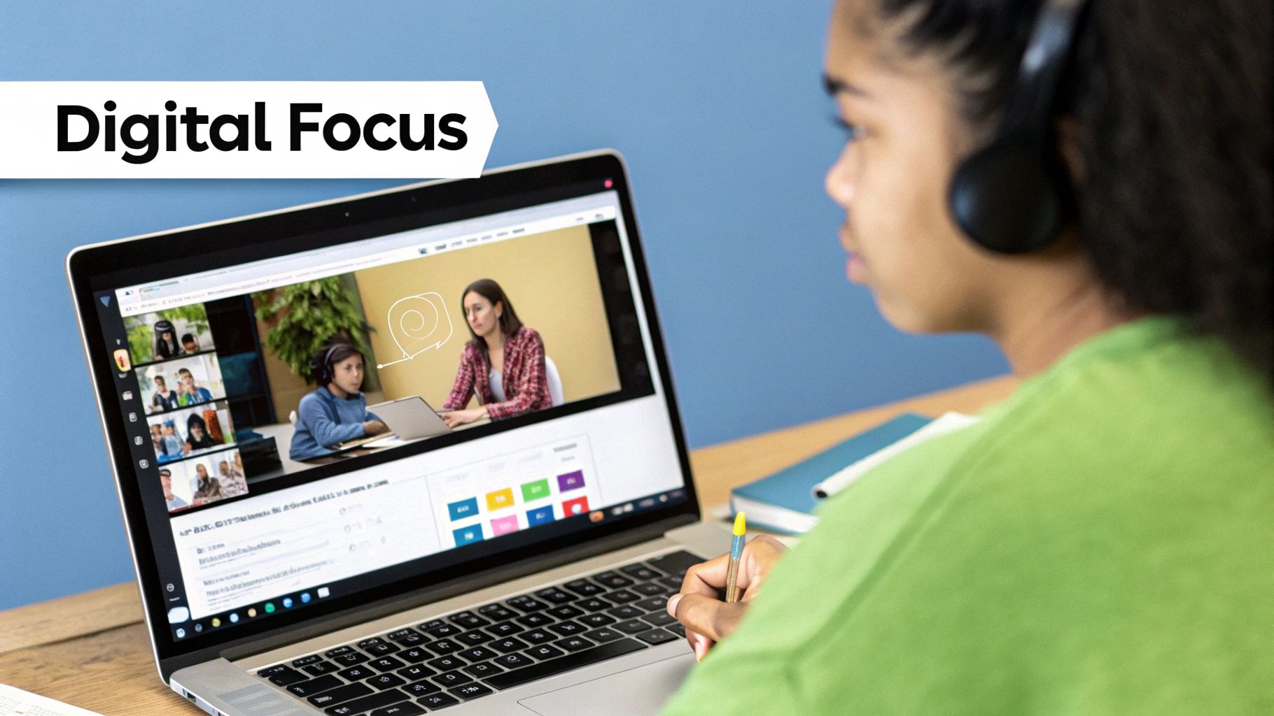 A student participating in an online class, with a clean desk and minimal distractions.