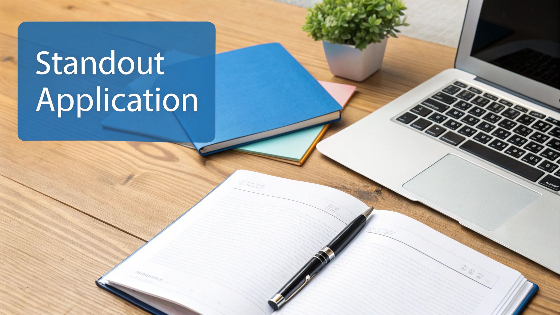A wooden desk with a laptop, notebooks, a pen, and a plant, overlaid with 'Standout Application'.