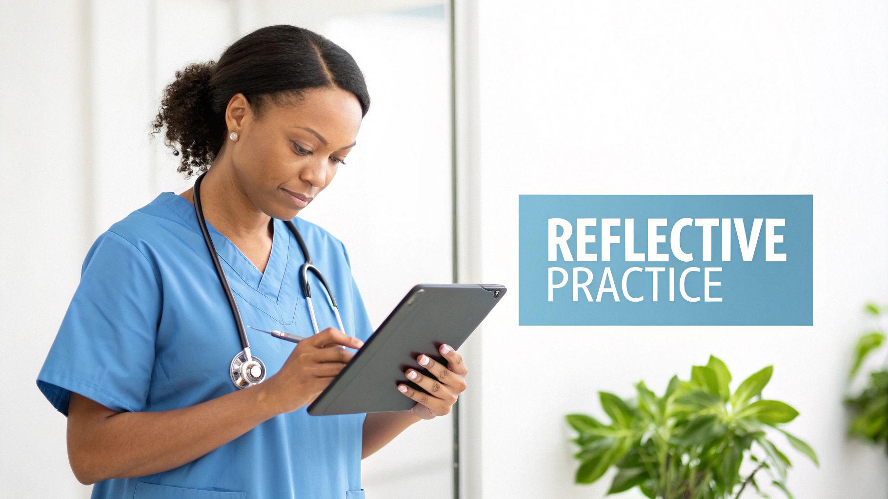 A female healthcare professional in blue scrubs writing on a tablet, promoting reflective practice.