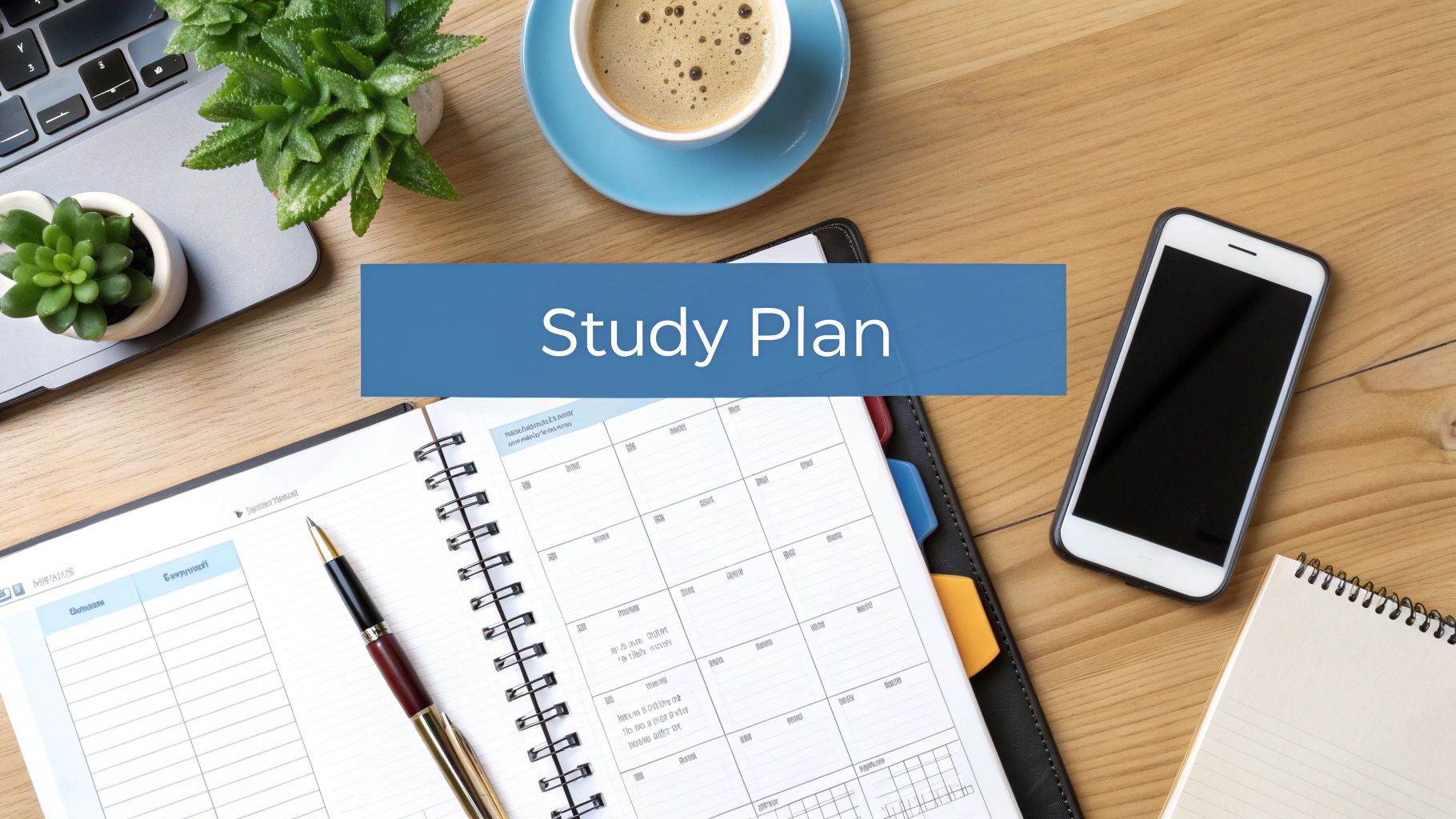 Overhead view of a wooden desk with a planner, laptop, coffee, smartphone, and a 'Study Plan' banner.