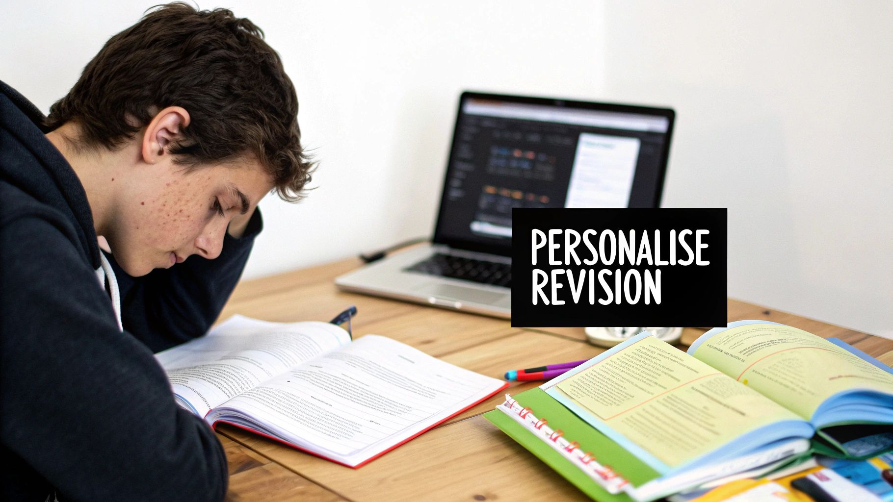 A young student with freckles is deeply focused on studying a book at a wooden desk with a laptop and other books, with text overlay 'PERSONALISE REVISION'.