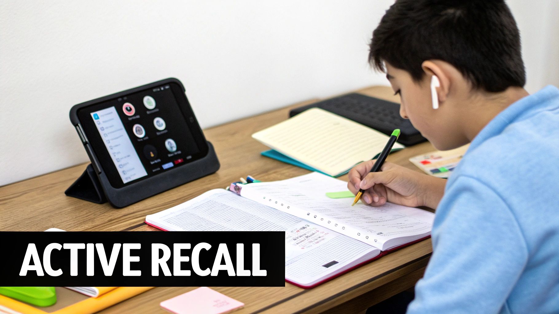 A student revises using active recall, writing in a notebook at a desk with a tablet and earbuds.