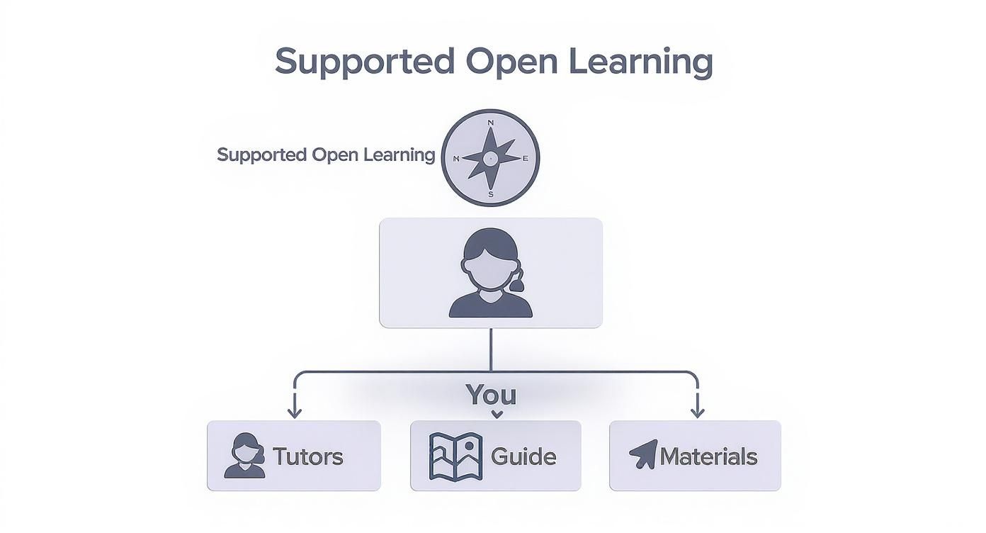 Supported open learning framework diagram showing student connected to tutors, guide, and materials