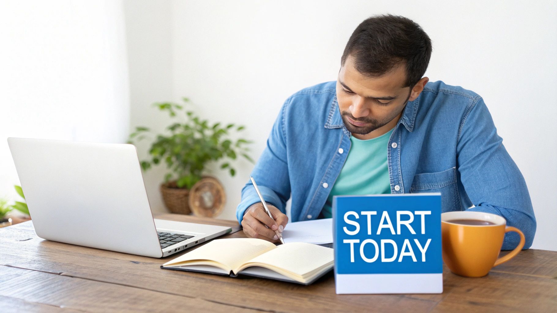 A man in a denim shirt writes in a notebook at a desk with a laptop and a 'START TODAY' sign.