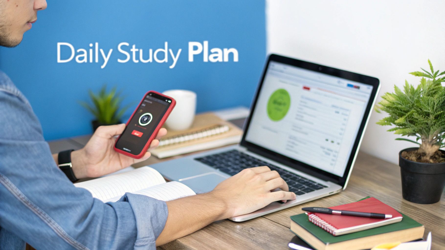 A student uses a smartphone and laptop at a desk with a 'Daily Study Plan' sign.