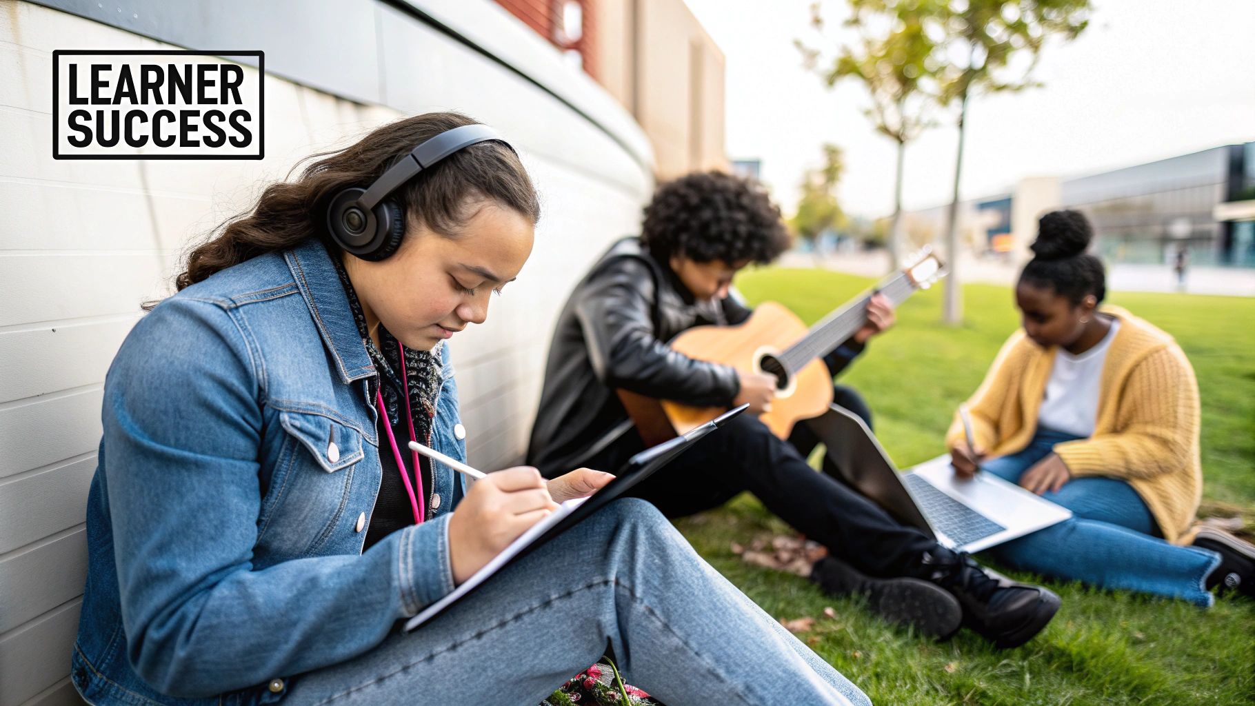 Diverse students learning outdoors; one writes on a tablet, another plays guitar, and a third uses a laptop.