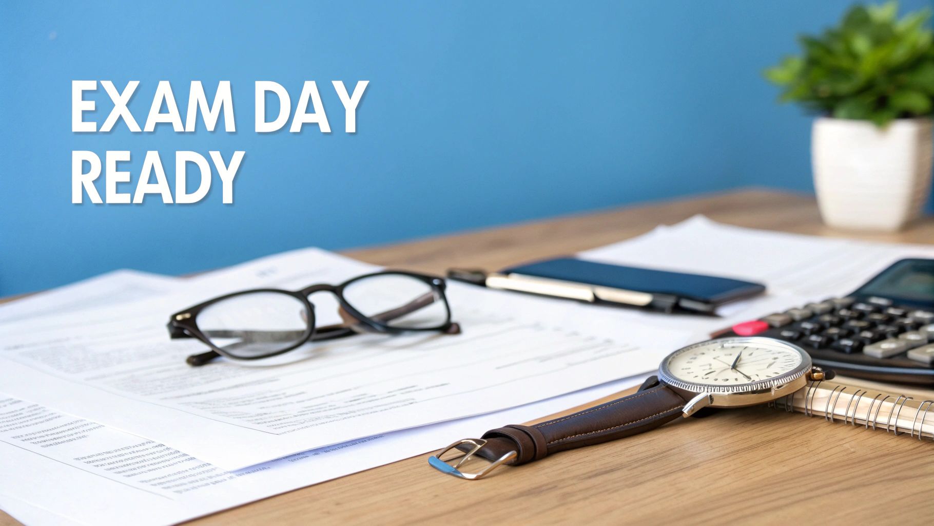 A desk with exam papers, glasses, a watch, calculator, and notebook, labeled 'EXAM DAY READY'.