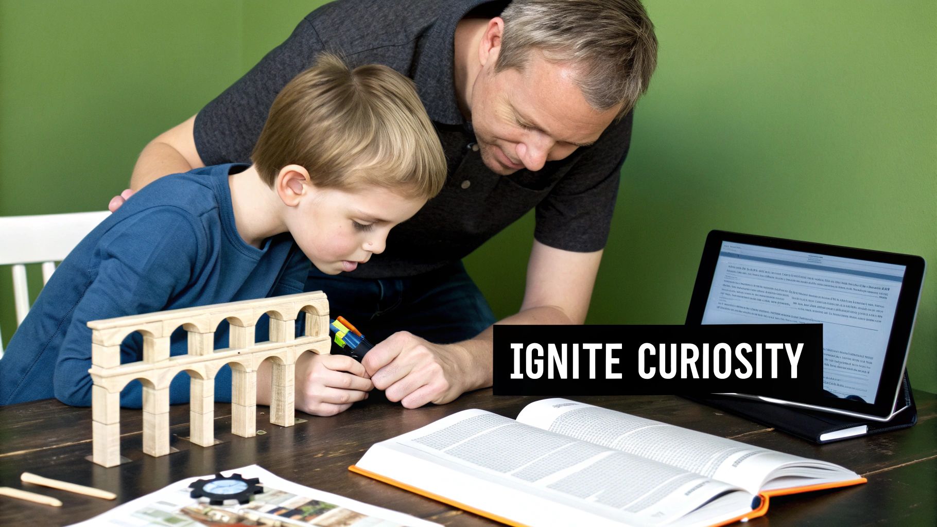 Father and son building a model aqueduct, engaged in homeschooling and igniting curiosity.